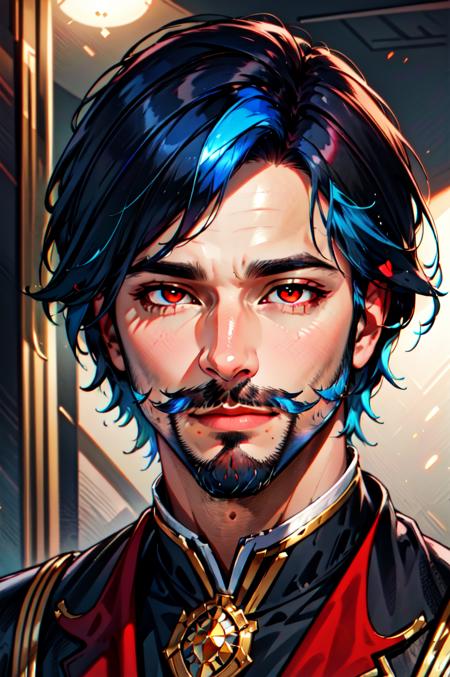 Regality Style, 1boy, artist name, beard, black hair, blue hair, closed mouth, facial hair, indoors, looking at viewer, male focus, medium hair, mustache, portrait, red eyes, shiny, shiny hair, short hair, solo<lora:Regal:0.75>