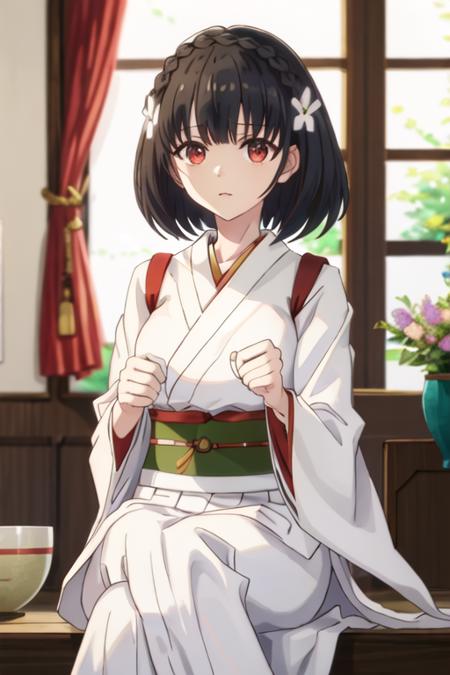 best quality, masterpiece, highres, solo, {white kimono:1.35}, {red hakama:1.35}, {wide sleeves:1.20}, {lainie_cyan_tenseioujototensaireijounomahoukakumei:1.15}, black_hair, short_hair, hair_ornament, bangs, flower, hair_flower, braid, crown_braid, blurry, red_eyes