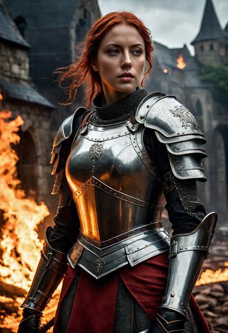 High resolution ultra-realistic of Beautiful Warrior Joan of Arc, 8k, capturing the intensity of the moment, cinematic lighting, standing on a bloody and stormy battlefield in bloody battle, wavy red hair, realistic dirty pale face, realistic dark brown eyes,  beautiful hourglass figure, burning in a medieval Town, intricately designed iron and silver armor, red mini skirt, Dark Ages Aesthetic, perfect athletic figure, beautiful Warrior Joan of Arc, fire, ultra realistic, cinematic style, vigorous and seductive, athletic figure, dark fantasy, dramatic lighting, wet and sweaty skin, dirty skin, athletic figure, dark fantasy, dramatic lighting, Greg Rutkowski style,, Warrior Joan of Arc on in iron armor, hyper-detailed, hyper-realistic, bright colours, Attractive 21 old years girl, Attractive, beautiful firm Breasts, sharp focus, digital painting, Photograph Taken on Nikon D750, Alphonse Mucha, 8K, athletic figure, Hyperdetailed, hyperrealism, Attractive, Attractive bust girl, asymmetric balance