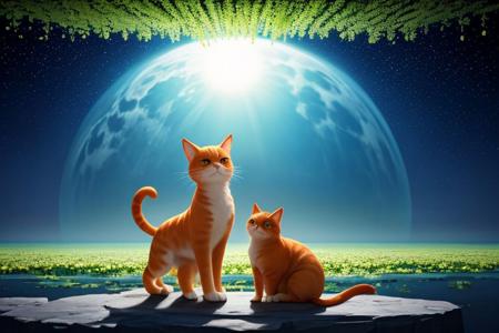 beautiful orange-cat god, fluffy double-twin-tail, spring scenery, alien planet of kibble, alien cat lords, majestic, epic, space, quantum reality