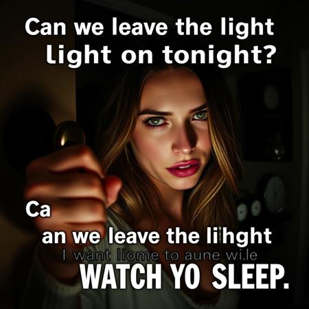 a woman with a caption saying can we leave the light on tonight? i want to be able to watch you sleep, pinterest style, creeper, intense lens flare, trollface, pure evil, hand on the doorknob, weasel, clocks, photo of the girl, insane face, patent, attention, the average redditor
