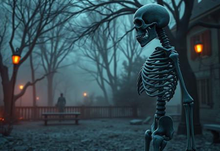 "Create a highly detailed, grimdark cyberpunk skeleton scene. The skeleton, long and skinny, is inspired by Ernő Rubik and Kristian Kreković, with undead skin texture in cold hues. Set in a Soviet yard within a spooky mansion park. Consider Denis Villeneuve and Greg Rutkowski's styles, with a right-hand view and smooth, fractal lines. Aim for a 4K or 8K, photorealistic, high-definition image, trending on ArtStation."