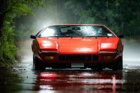 analog gloomy photo of a red Pantera car,  <lora:p4nt3r4:0.9>, escaping through the jungle ((at night)), ((heavy rain)), ((nighttime)),  splashing, skidding, high speed, sports photography, High Detail, Sharp focus, (photorealism), realistic, best quality, 8k, award winning, dramatic lighting, epic, cinematic, masterpiece, rim light, ambient fog:1.3, dutch angle, wide angle lens, skinny shutter,