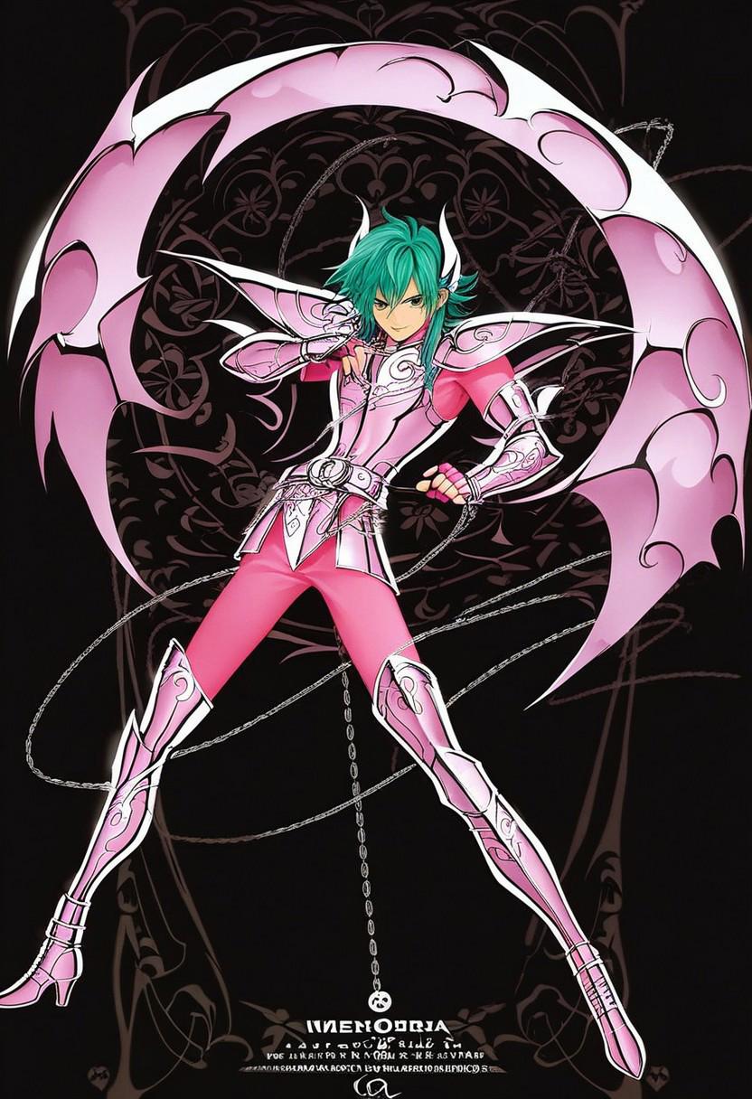 score_9, score_8_up, score_7_up, source_anime, masterpiece, best quality, 1boy, solo, andromeda shun, anshun, slim, pink sleeveless armor, long wavy green hair, pink helmet with two prongs and silver accents, pink vambraces, large pink pauldrons, fingerless pink gloves, pink thighhigh greaves, green pants, pink boots, stylized belt buckle with silver and pink accents, chains, chains in arms, chains in background, thunder in chains, andromeda (symbol), black background, demoniac, dark, chiaroscuro, low-key, dynamic pose