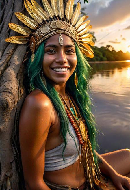 Woman with filigree at sunset, beautiful young indigenous Brazilian woman, with green hair, bright golden eyes, crazy smile, holding a filigree indigenous headdress, sitting on a tree trunk on the edge of a river in the Amazon, at sunset sunset, extremely detailed filigree, extremely detailed place, caricature, hyper-realistic, action scene, cinematic, award-winning photography, masterpiece, UHD, 16k, [prompt created by Kico Toralles]