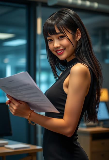 realistic lighting, photo, photorealistic, a 18 years old female, petite, long hime cut hair, black hair, yellow eyes, small breasts, saggy breasts, puffy nipples, small waist, wide hips, toned female, abs, choker, arm bracelet, rings, mascara, cameltoe, fat mons, cheerful, black tight dress, dynamic pose, reading some paperwork, office, scenery, (cinematic angle, cinematic lighting, backlighting, ray light, volumetric light)