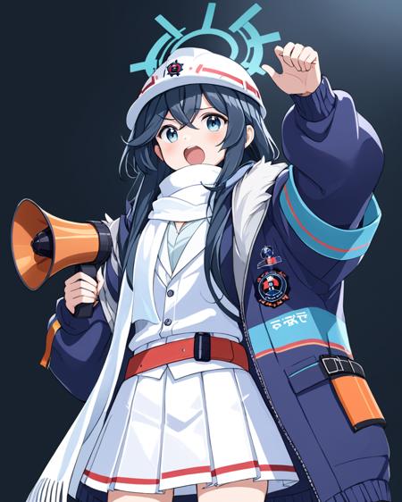 minori \(blue archive\),1girl, solo, halo, belt, holding, open_mouth, coat, white_background, looking_at_viewer, arm_up, megaphone, long_sleeves, upper_teeth_only, jacket, hardhat, white_skirt, white_shirt, pleated_skirt, simple_background, armband, white_headwear, open_clothes, white_scarf
<lora:minori_(blue_archive)_image81_2023-12-01:1>halo. gorgeous,key visual, vibrant, studio anime,award-winning, professional, highly detailed,high budget, cinemascope