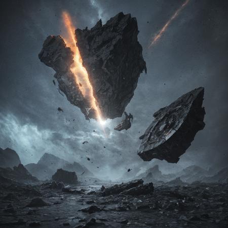 debris from a destroyed planet, Bioluminescent core, floating alone in space, eerie, dark, hdr, uhd, 4k