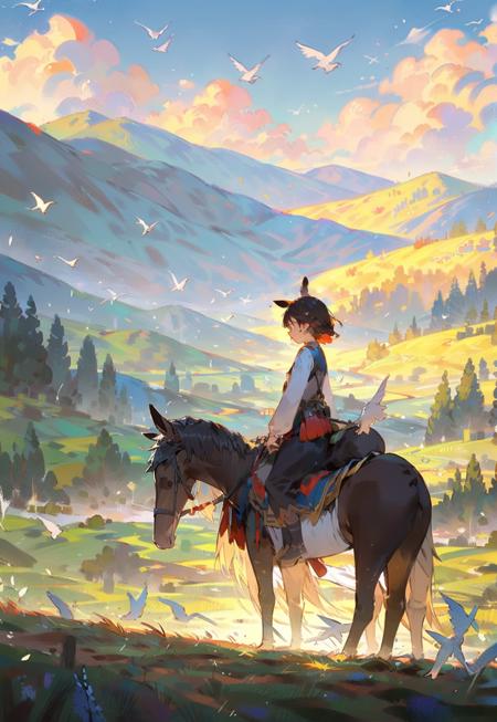 1girl, outdoors, bird, sky, grass,, cloud, riding, , horse, animal, black hair, long sleeves, standing, sunset, The mountains, the meadows., scenery,  (illustration:1.0), masterpiece, best quality,  <lora:Speedpainta:0.76>