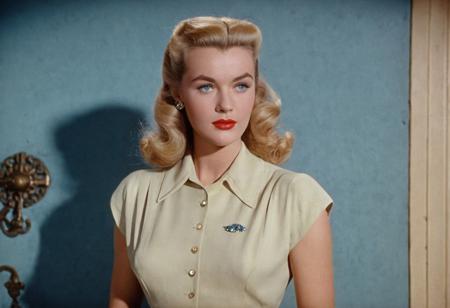1940s vintage retro, grace lamont DCU, blonde hair, blue-eyed, perfect photo, highly detailed, best quality, fine details, coherent face, full body shot, standing, technicolor film still screencap, kodachrome photograph