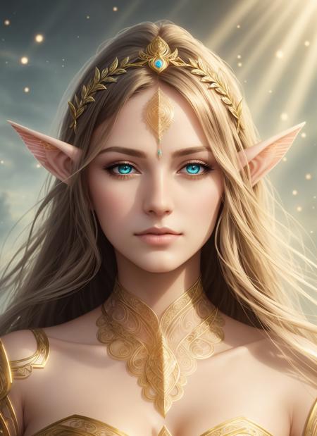 synthwave portrait of a elf woman as a beautiful goddess, light rays, light bands, lightgeo, beautiful intricate filegrid facepaint, intricate, elegant, highly detailed, digital painting, concept art