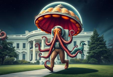 octopus in an astronaut uniform walking out of a conk shell UFO in front of the white house with mermaid runes on his ship.
