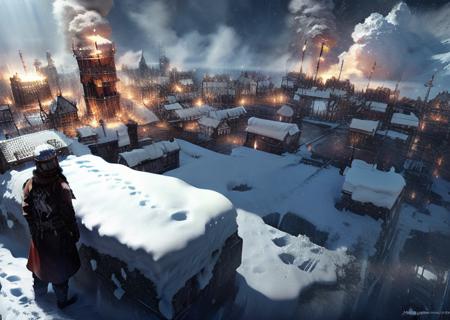 snow-covered city, ruins, fire, winter, cold, fear  <lora:frostpunk:0.8>, frostpunk