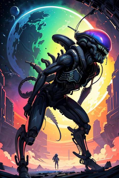 Masterpiece, best quality, 2d artwork, line art, 3/4view, aliens Xenomorph art, iridiscent colors, breathtaking background, <lora:Xenomorph:0.6>