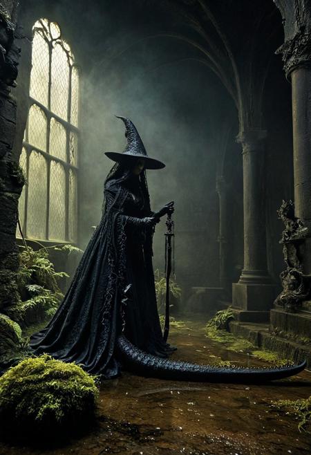 macabre style Morning, Dry Weather, A cultural heritage museum, An ethereal Atmosphere feel to the place. 
Abyssal salamander. It is a witch. 
dark, gothic, grim, haunting, 
beautiful, painterly, textural, artistic, aesthetic, 
intricate details, highly detailed, ultra-detailed, absurdres, vivid, vibrant, volumetric lighting, 
aid291, midjourneyv6.1,