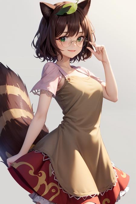 masterpiece, best quality, <lora:FutatsuiwaMamizou:1>,1girl,leaf on head,,brown hair,green eyes,short hair,animal ears,glasses,short sleeves,red skirt,bloomers,raccon tail,(grey background:1.2), smile