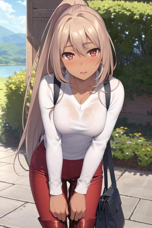 (masterpiece, best quality), (finely detailed beautiful eyes), (finely detailed eyes and detailed face), (scenery: 1.2), (extremely detailed CG, ultra-detailed, best shadow), beautiful concept illustration, (illustration), (extremely fine and beautiful), (perfect details), (depth of field),1girl, 30 years old, wetting self, standing, eyes half open, (1hand covering mouth:1.2), (1hand covering crotch:1.2), (overknee boots:1.3),(skinny wet red pants:1.3),(jewelry, bag, earrings,(standing), (dark skin:1.3), (medium long hair:1.3), 1handbag, (toned body:1.5), (v neck shirt:1.3), solo, ponytail, standing outside public park restroom door, summer sky, blush, envelope, bangs, white flower,full body, eyeliner, lipstick,