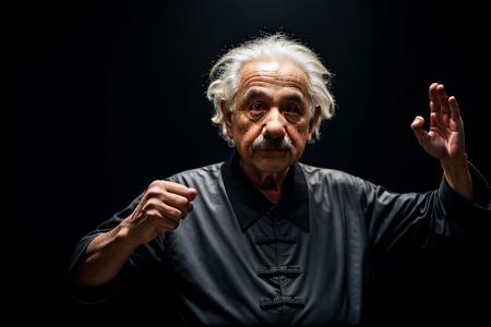 Albert Einstein as Kung Fu master, black belt, dojo background, dark theme, high contrast, (hyperrealism, sharp), professional photoshoot