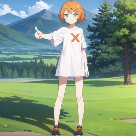 ((Masterpiece)), ((ultra quality)), mona, (standing:1.5), :3, smug, long white shirt, X, solo focus, mountains, forest, fullbody, legs, shoes, pointing