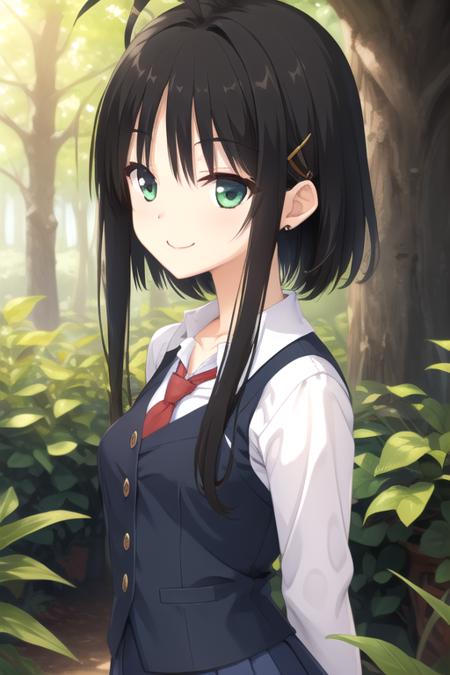 Hitachi Mako ahoge,long hair,black hair,short hair with long locks,hair intakes,hair ornament,bangs,green eyes collarbone,blue vest,button,white shirt,collared shirt,red necktie,long sleeves,medium breasts,arms behind back,blue skirt,thigh strap,white thighhighs,loafers