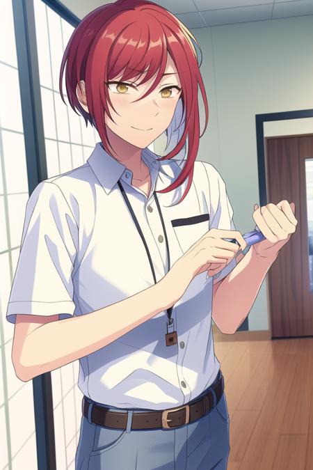 masterpiece, best quality, absurdres, cute, ultra-detailed, perfect anatomy, <lora:ensemble stars-000050:0.6>, indoors, sakasaki natsume, ensemble stars, solo, shirt, 1boy, white shirt, male focus, multicolored hair, belt, streaked hair, brown belt