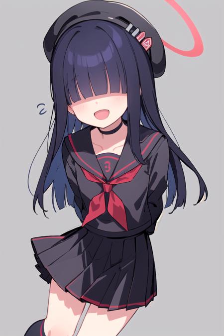 <lora:JTFMob_BA-06_fixed:1>
1girl, jtfmob, halo, hair over eyes, black hair, long hair,
beret, black serafuku, black shirt, black skirt, black choker, black gloves, arms behind back, black socks, black shoes, :d