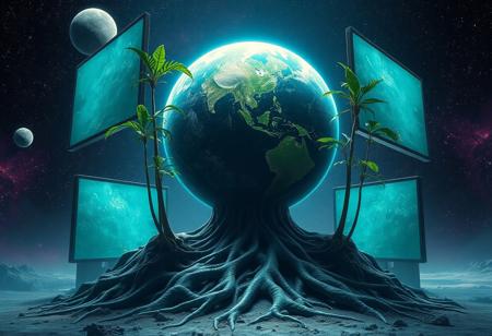 A ground planet  surrounded by large screens, held up by plants roots.  cosmos background with  a alien creature in space.