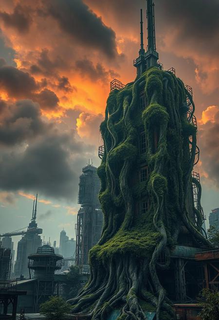 Masterpiece, 32K resolution, ultra-detailed, cinematic realism, HDR lighting, a forgotten mechanical city overtaken by massive roots and twisted vines, organic forms reclaiming rusted skyscrapers, nature fusing with machine, moss-draped steel, surreal textures, overgrown elegance, dark orange sky with heavy and dense clouds