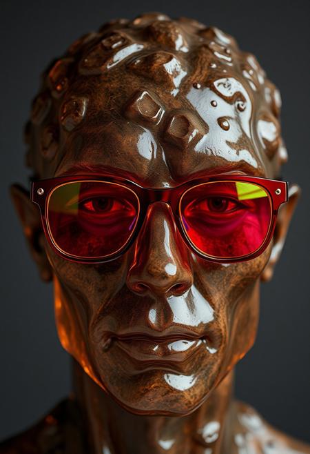 "Create a hyper-realistic image of a face composed of volcanic colored glass, with a rich, molten texture and a deep, earthy hue. The face is intricately detailed, with every facet and imperfection visible. The glass is carefully shaped to form a realistic facial structure, with subtle curves and angles that evoke a sense of depth and dimension. The face is wearing a pair of glasses with primary colored lenses - red, yellow, and blue - which add a pop of vibrant color to the image. The glasses are precisely rendered, with every detail from the frames to the lenses meticulously captured." highest-Quality, 8 k, intricate details, visually stunning, Masterpiece