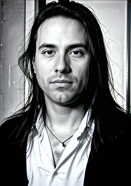 (AndreMatosQuiron person), (masterpiece),(best quality), (realistic) (detailed), photo, 
1boy,  facial hair, (black eyes), long hair,  Leica M6 Camera,  soft lighting, dynamic angle, realistic lighting,  (natural skin texture), (intricate details), hdr,Lilac,by Bert Hardy, chromatic aberration, evening, a ghost haunting a high-tech laboratory,  trending on Sketchfab,
<lora:quiron_AndreMatos_v1_lora:0.86>