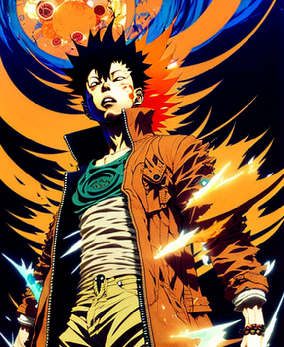 tetsuo from akira, orange spike aura in motion, damaged japanese clothes, floating pieces, painted by art by tsuyoshi naga...