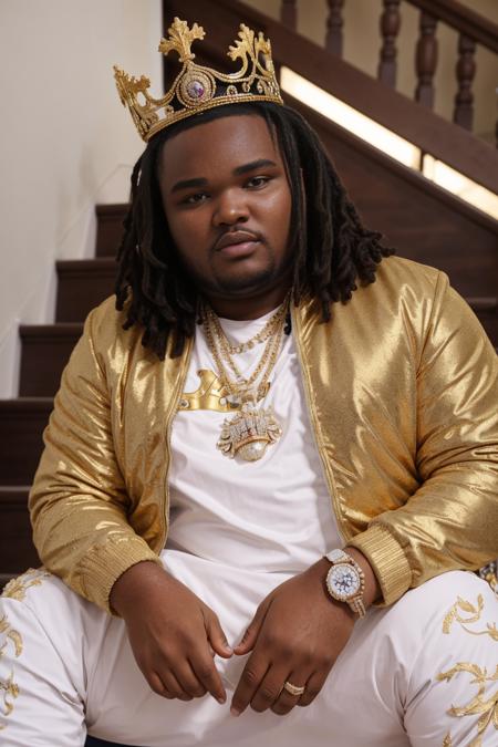 photorealism, masterpiece, 8K, UHD, analog style, high detail, detailed skin, depth of field, 
tee grizzley,  tee,golden jacket, crown hat, expensive jewelry, sitting in stairs, <lora:TeeGrizzleyLoRa_V2:0.6>