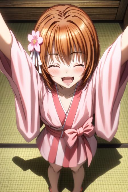 masterpiece, best quality, absurdres, ultra-detailed,  <lora:sagara_youchien-000150:0.7>, nene, 1girl, solo, blush, smile, short hair, open mouth, closed eyes, hair flower, from above, pink kimono, obi