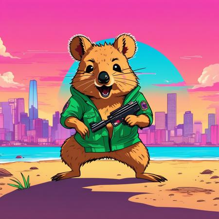 GTA-style artwork quoknon quokka, <lora:quokka_LoCon_XL:0.9> . Satirical, exaggerated, pop art style, vibrant colors, iconic characters, action-packed