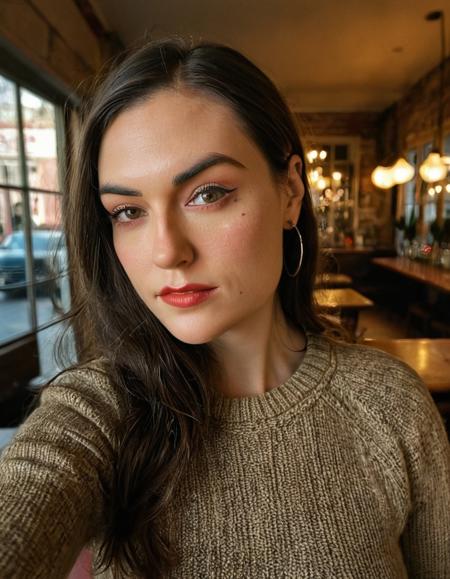 high resolution upper body photo of s4shagXL woman,looking at camera,taking a selfie in the front of a vintage bistrot,f2,wearing sweater,(highly detailed skin:1.4),pores,realistic,(imperfect skin:1.2),gloomy,volumetric lighting,extreme bokeh,shallow depth of field,dimly lit,(surreal dramatic lighting shadow)