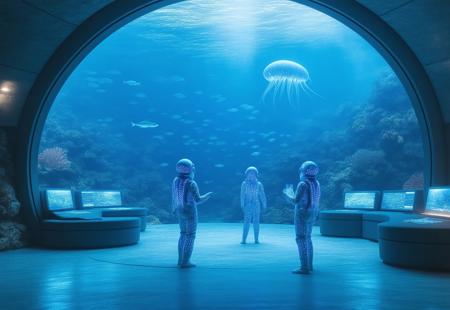 Underwater futuristic habitat beneath the ocean floor with a massive transparent dome; camera positioned outside the glass peering in at inhabitants in sleek, luminescent exploration suits interacting with holographic consoles and floating seating modules; vibrant coral formations cling to the dome’s exterior as schools of bioluminescent fish, graceful manta rays, and inquisitive octopuses drift by; soft volumetric lighting, delicate glass reflections, ultra-high resolution, cinematic realistic rendering in a sci-fi atmosphere.