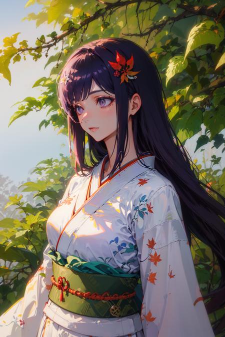 ((masterpiece,best quality)),1girl, blurry background, branch, dappled sunlight, flower,  hair flower, hair ornament, japanese clothes, kimono, leaf, (maple leaf:1.9), obi, outdoors, sash, solo, sunlight, upper body beautiful face,dark purple hair,light purple eyes,zoom in on eyes,long hair,sideburns,straight hair,face to face,dark purple streaked hair,upper body, manly,medium breasts, manly,mature female,voluptuous,<lora:BellaV2:0.8>