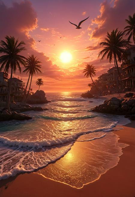 An absolutely mesmerizing sunset on the beach with a mix of orange, red, pink and yellow in the sky. The water is crystal clear, gently kissing the shore, and the sandy beach is endless. The scene is dynamic and breathtaking, with seagulls soaring high in the air and palm trees gently swaying. Immerse yourself in the calm atmosphere and let the tranquil surroundings surround you.wtrcolor style
BadDream, fluxenh4nce, otclillsn, ral-ertmsphr, carcosa city style