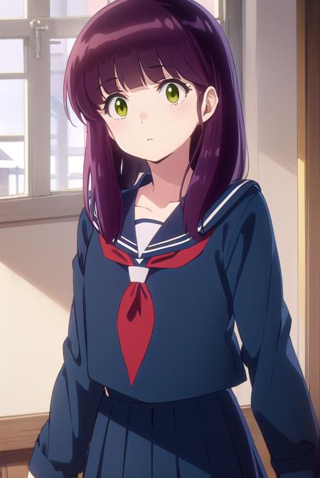 shinobumiyake, <lora:shinobu miyake s1-lora-nochekaiser:1>,
shinobu miyake, long hair, bangs, purple hair, (green eyes:1.5),
BREAK shirt, long sleeves, school uniform, serafuku, sailor collar, neckerchief, red neckerchief, shirt, blue shirt, blue sailor collar, blue skirt,
BREAK indoors, classroom,
BREAK looking at viewer, (cowboy shot:1.5),
BREAK <lyco:GoodHands-beta2:1>, (masterpiece:1.2), best quality, high resolution, unity 8k wallpaper, (illustration:0.8), (beautiful detailed eyes:1.6), extremely detailed face, perfect lighting, extremely detailed CG, (perfect hands, perfect anatomy),