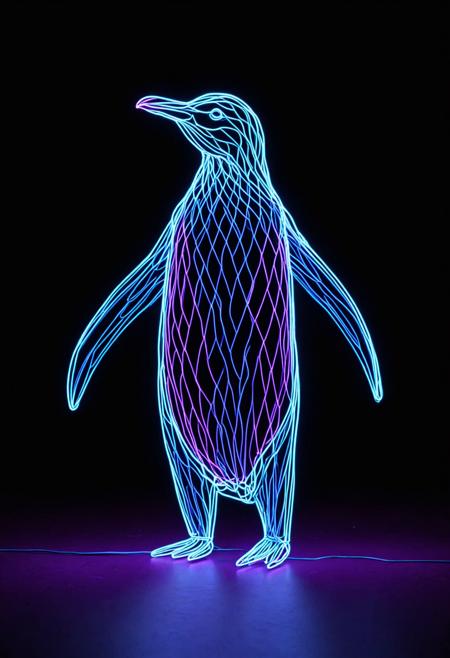 wireframe of a neon penguin is walking across a black background with blue and purple lights on it's face and tail, artist, neon lighting, a hologram, holography
