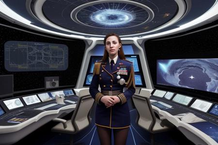 Create an image showcasing Captain Nova, the fearless leader of the starship Odyssey, standing on the bridge with an air of authority and determination. Surround her with the futuristic technology of the ship's command center, including holographic displays, control panels, and a panoramic view of the stars through the observation windows. Highlight Captain Nova's distinct uniform, adorned with insignias of honor and rank, as she issues orders to her loyal crew.