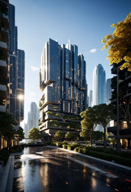 (((Modern style architecture, housing, luxury residence))),
outdoors, sky, tree, blue sky, no humans, ground vehicle, building, scenery, reflection, city, cityscape, bare tree, skyscraper, real world location,
(Large Files, Ultra Realistic, 8K, 16k, FHD, HD, VFX, Perfect, Photography, composition, Architecture Sales Photography, Architecture Competition, Ultra High Resolution, Cinematography, High Resolution Image:1.1), (dramatic lighting, direct sunlight, ray tracing, clear shadow:1.2), (real landscape:1.1), (blurred background:1.0), (urban background, more_details)  
(avant-garde, future, reality, science fiction, photorealistic), (modern architecture:1.2), White limestone with black granite, fountain, waterfall, landmark, square, path, narrow street,
(Large Files, Ultra Realistic, 8K, 16k, FHD, HD, VFX, Perfect, Photography, composition, Architecture Sales Photography, Architecture Competition, Ultra High Resolution, Cinematography, High Resolution Image:1.1), (dramatic lighting, direct sunlight, ray tracing, clear shadow:1.2),  (real landscape:1.1), (blurred background:1.0), (urban background, more_details) ,
great lighting, extremely detailed, clear, SteamPunk, futuresurban