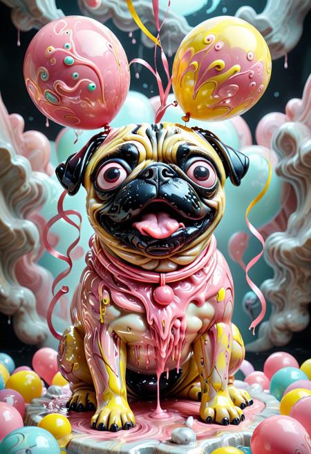 SDXLposXL, cartoonish animal with features of a pug, sculpted from shiny pink and yellow liquid marble, googly marble eyes, tongue flopping like a melted ribbon, tail dripping into balloons, absurd toy-like creature in a pastel world, toony surreal hybrid style.