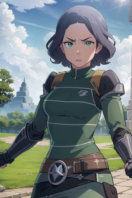 avatarlin, <lora:avatar lin-lora-nochekaiser:1>,
lin, short hair, grey hair, (green eyes:1.5),
BREAK gloves, boots, belt, fingerless gloves, armor, breastplate, greaves,
BREAK outdoors, forest, nature, grass, trees, sun, sky, clouds,
BREAK looking at viewer, (cowboy shot:1.5),
BREAK <lyco:GoodHands-beta2:1>, (masterpiece:1.2), best quality, high resolution, unity 8k wallpaper, (illustration:0.8), (beautiful detailed eyes:1.6), extremely detailed face, perfect lighting, extremely detailed CG, (perfect hands, perfect anatomy),