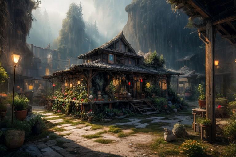 A rustic village scene, 
bathed in the ethereal glow of a heavenly realm, 
perfect composition, 
beautiful detailed intricate insanely detailed octane render trending on artstation, 
8 k artistic photography, 
photorealistic concept art, 
soft natural volumetric cinematic perfect light, 
chiaroscuro, 
award - winning photograph, 
masterpiece, 
oil on canvas, 
raphael, 
caravaggio, 
greg rutkowski, 
beeple, 
beksinski, 
giger