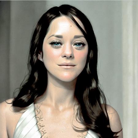 a professional photograph of marion_cotillard,  <lora:marion_01_768_343samples:1>,long brunette hair, white and gold dress, (smiling:0.5)