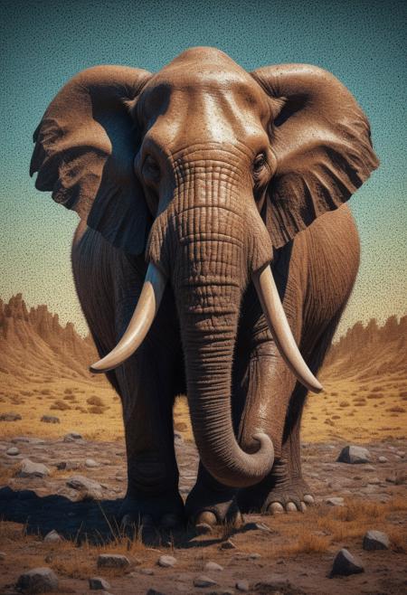 A brave work, Generative Art in weathered and sealed porous paper. Mammoth in the ancestral old earth, made with the vintage style "pointillism" technique with a light thickness of 1000/1 in the upper corner and 1/10000 in the lower left corner in perfectly contrast colors. Digital Art, perfect composition, beautiful detailed., 16K artistic photography, photorealistic concept art, soft natural volumetric cinematic perfect light, masterpiece.