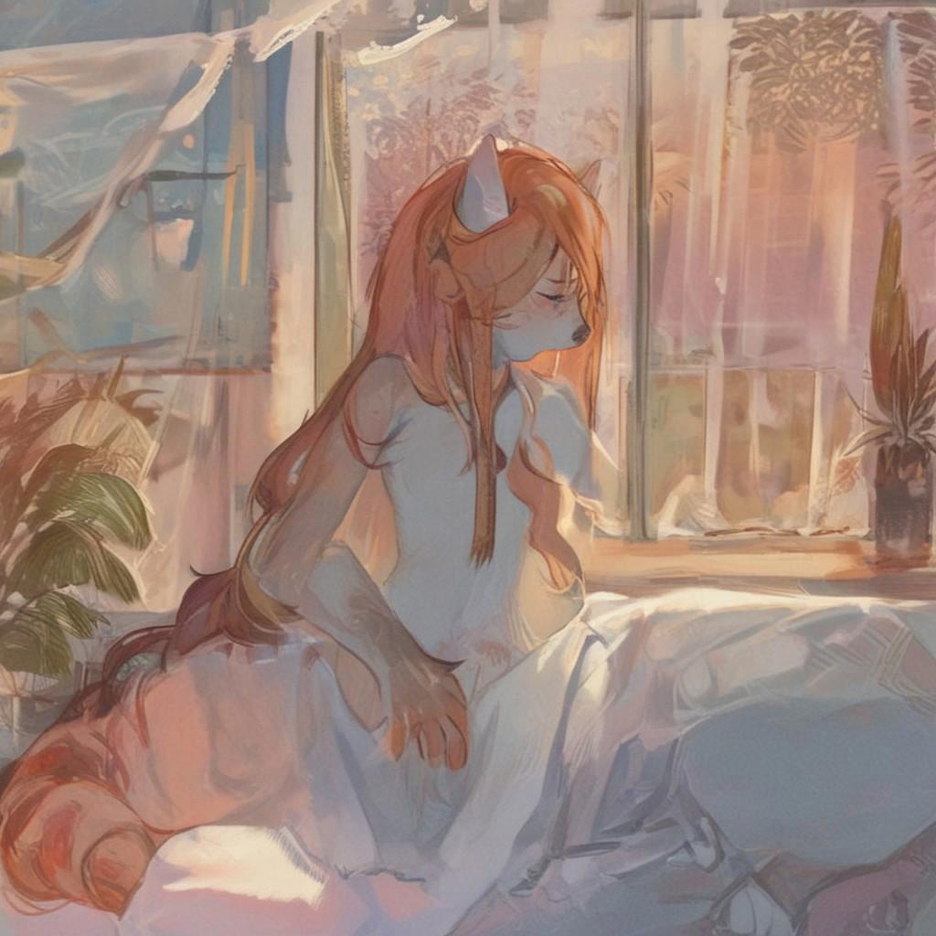 score_9,score_8_up,score_7_up,anthro sexy gril,tigger anthro,seat on a bed,sunrise