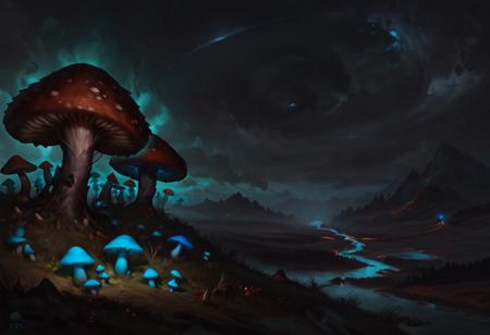 score_9, score_8_up, score_7_up, concept art, realistic, absurd res, 4k, cinematic, dark theme, low light, at night, dark cloudy sky, landscape, huge river, moving water, motion blur, water glowing with blue algae, land with tall grass on either side, small stone arch bridge far away in the distance, large bioluminescent (colorful:1.5) glowing mushrooms lighting the landscape, (red mushrooms, blue mushrooms, green mushrooms, orange mushrooms, multi-colored mushrooms, full of mushrooms:1.5), canal and mushrooms are the main focus of the image, vibrant colors,