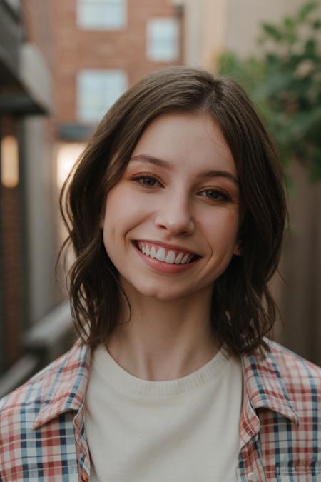 headshot, red checkered shirt, alleyway, short haircut, smile, soft colors, bokeh, masterpiece, high quality, (high detailed skin:1.1)
 <lora:katelyn_nacon_lora_v01:1> k8nacon